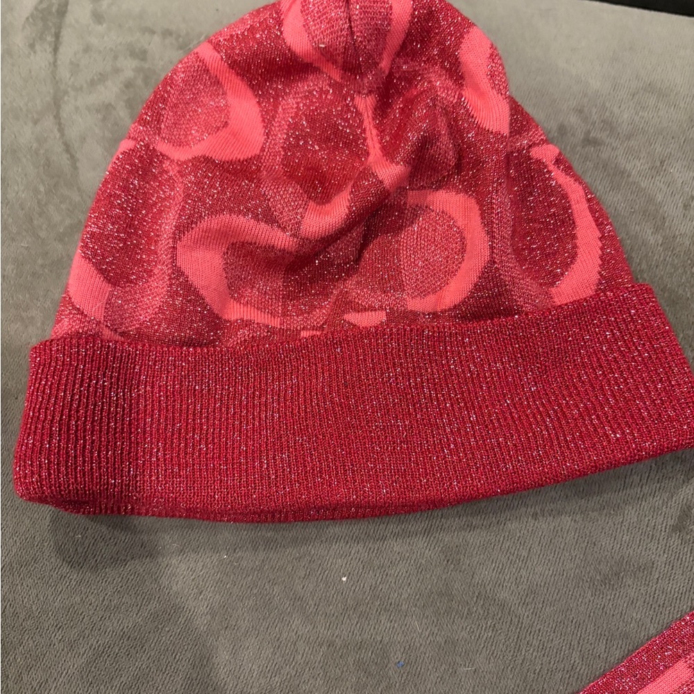 Coach Red Patterned Scarf and Beanie Set - Picture 3 of 3
